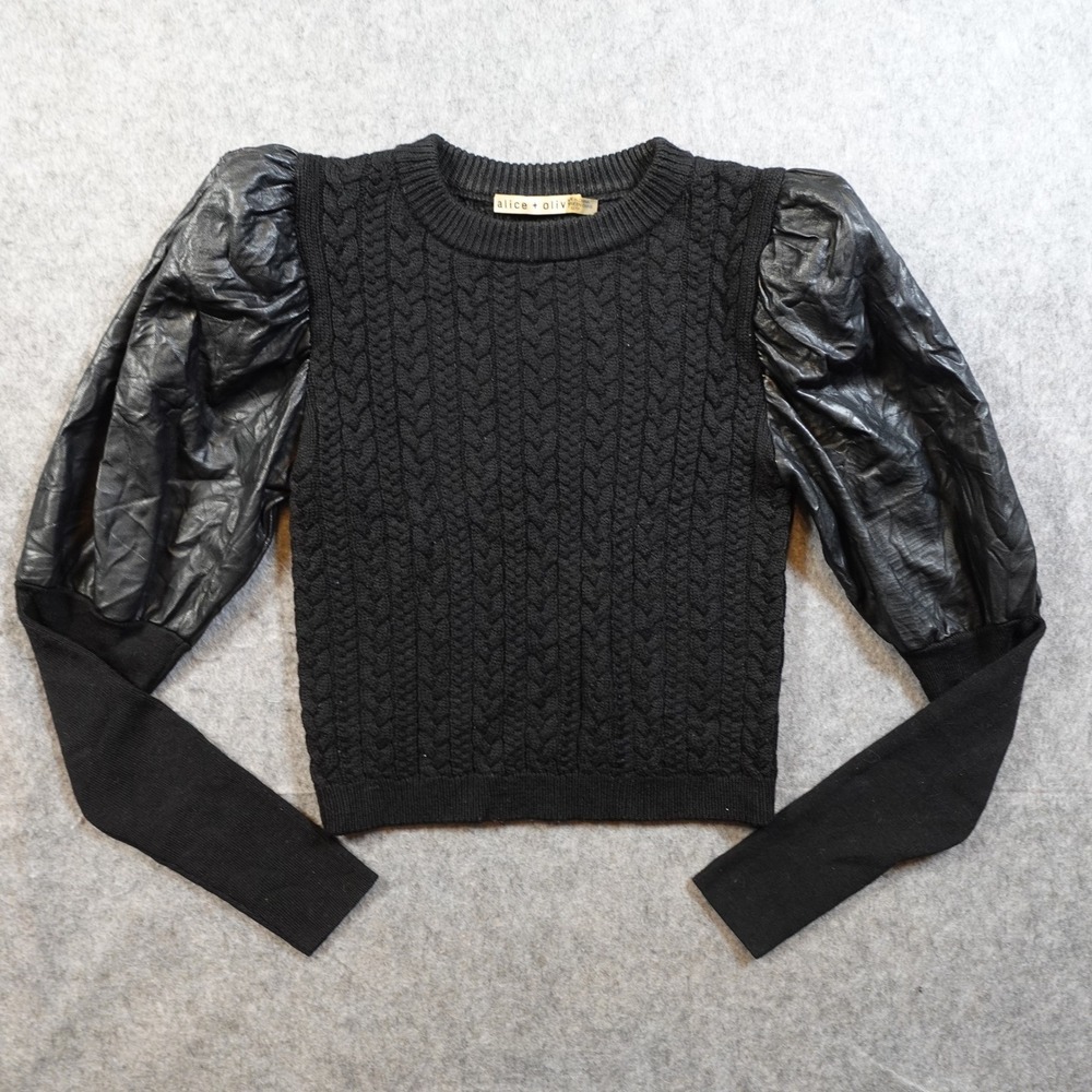 Alice Olivia Sweater Womens Extra Small Faux Leather Puff Sleeve Cable Knit Wool